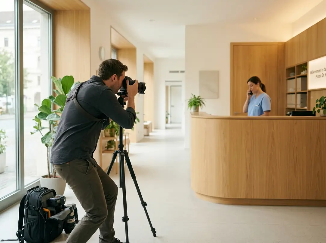 Fotograf fotografiert den Empfang einer Arztpraxis